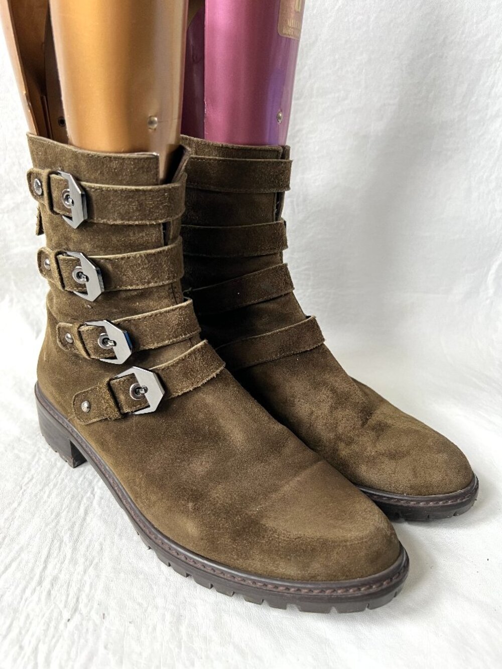 Stuart Weitzman boots Jitterbug olive green suede buckles moto womens 8.5 zip